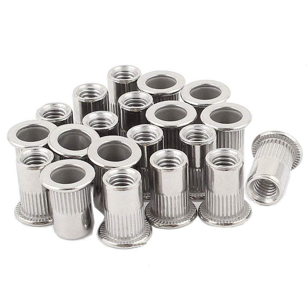 5-Size Rivet Nut Kit – M5 & 1/4″-20, Zinc Plated Carbon Steel, Flat Head Knurled Threaded Inserts (30-130 Pcs)