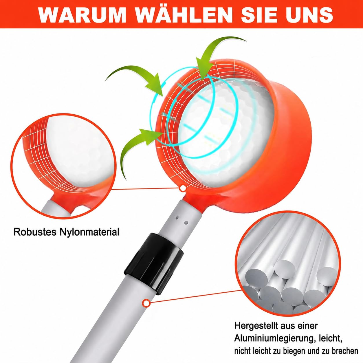 Ballangel Golf, Teleskopisch bis 5,5m, Aluminium-Schaft mit Nylon-Korb, Golf Zubehör zum Aufheben von Golfbällen (15FT)