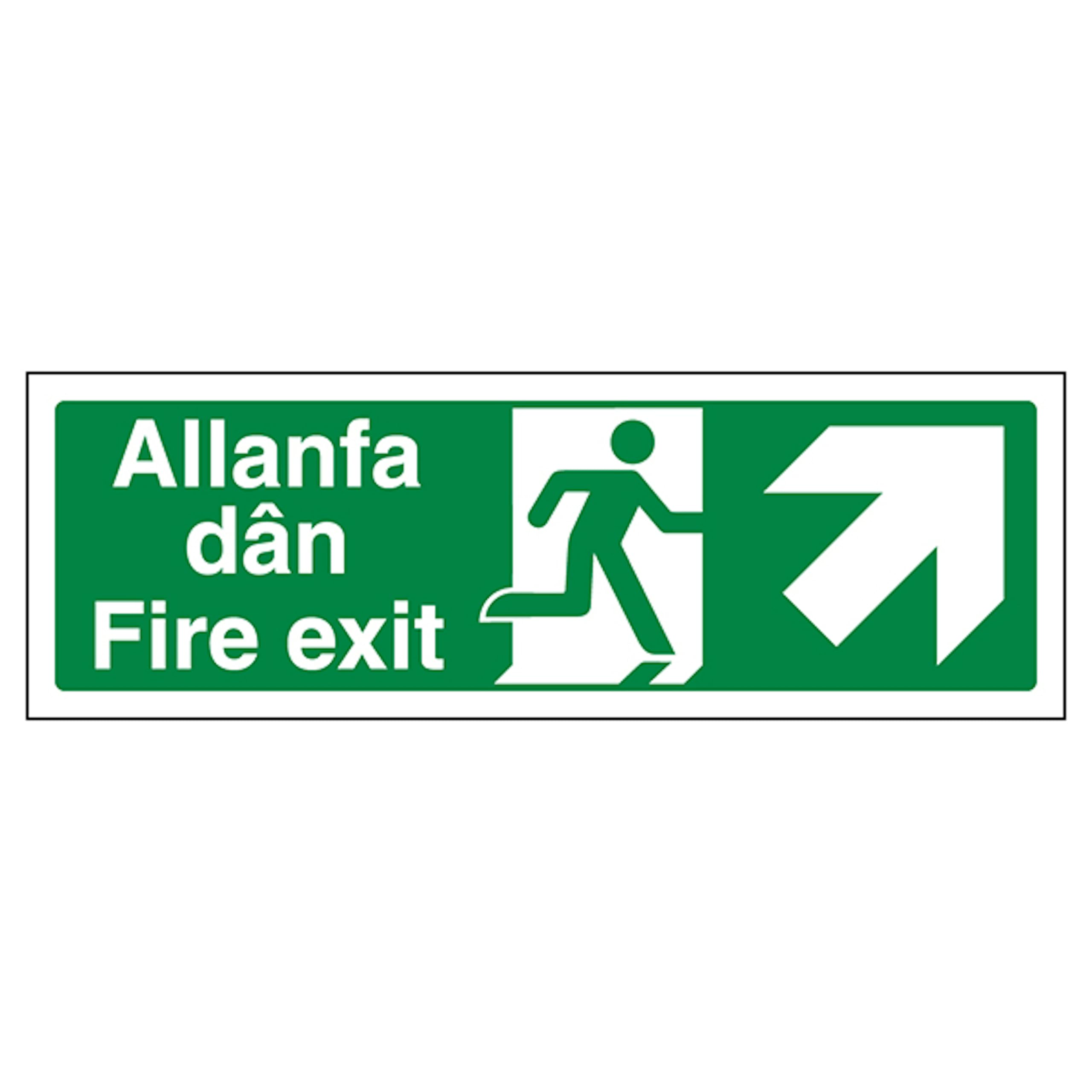 V Safety Welsh/English - Fire Exit Arrow Up Right 300 x 100 mm - 2mm 100% Recycled Rigid Plastic Safety Sign