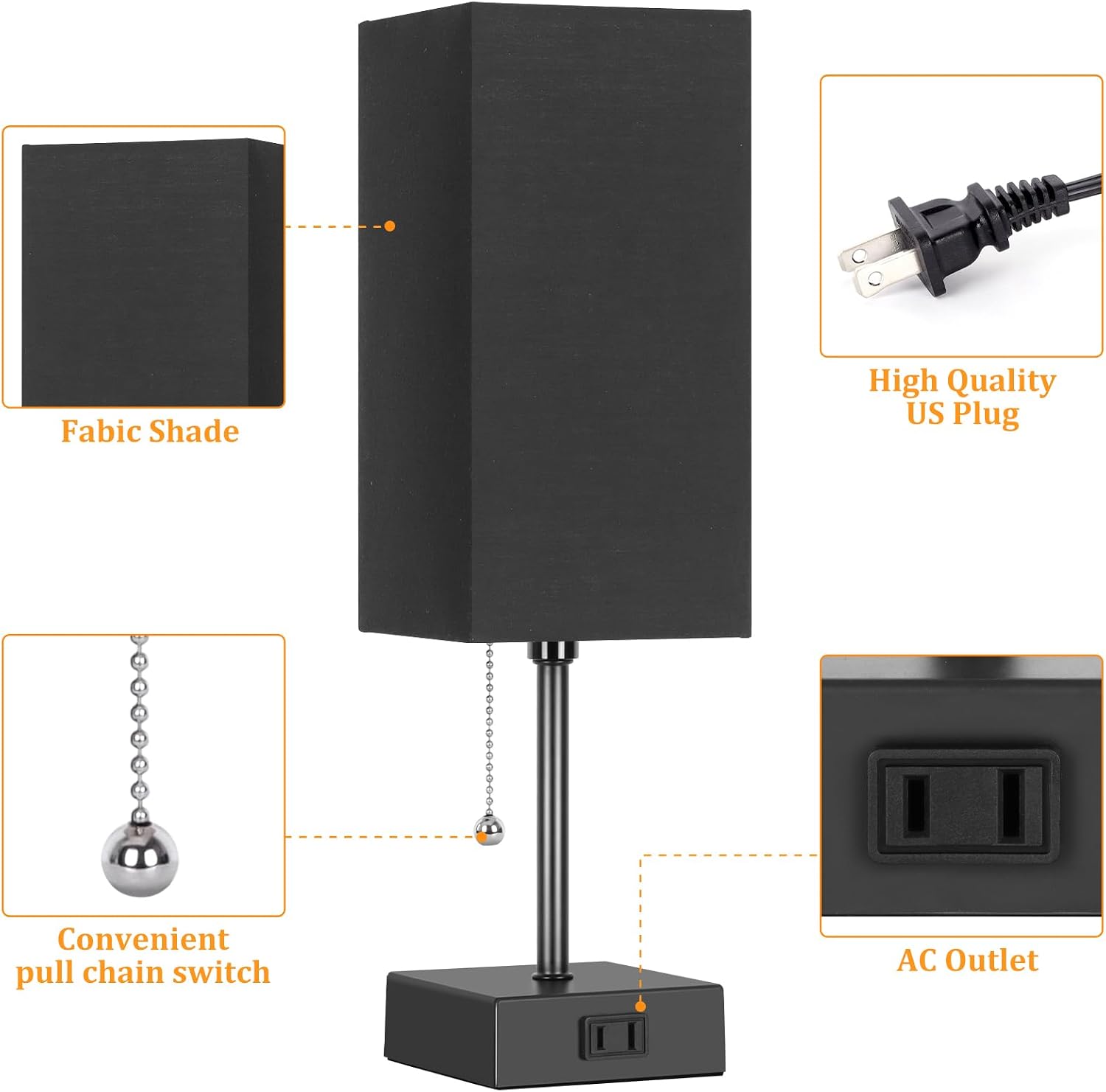 Table Lamp for Bedroom set of 2,3-Color Bedside Lamps with Pull Chain Table Lamps for Nightstand with AC Outlets, Night Light Lamps with 2 Bulbs Lamps for Living Room Kids Office Decor（Black）