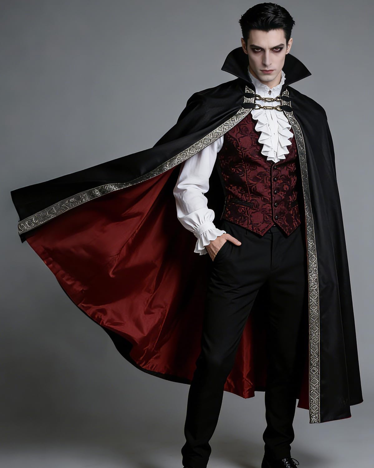 Joukavor Men's Vampire Cape with Stand Up Collar - Victorian Gothic Cloak for Renaissance & Halloween Cosplay