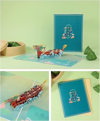 Miniatura 5 de ANXPTIME Tarjeta de felicitación del festival de barcos del dragón chino Tarjetas de papel emergentes 3D con sobre para fiesta de Año Nuevo, regalo