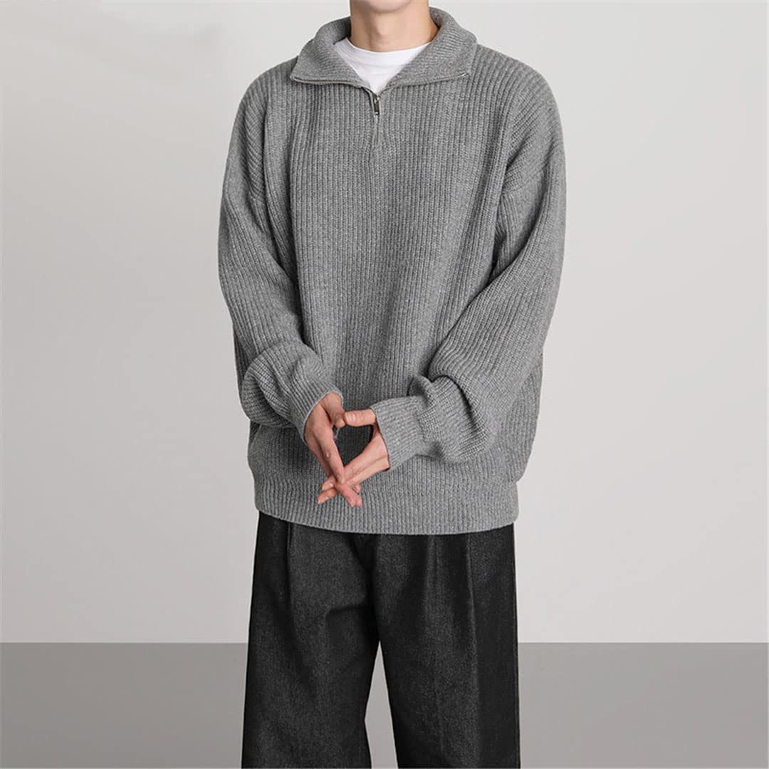Vogrtcc Suéter de cuello medio alto con cremallera para hombre, estilo coreano, holgado, casual, gris, XXL