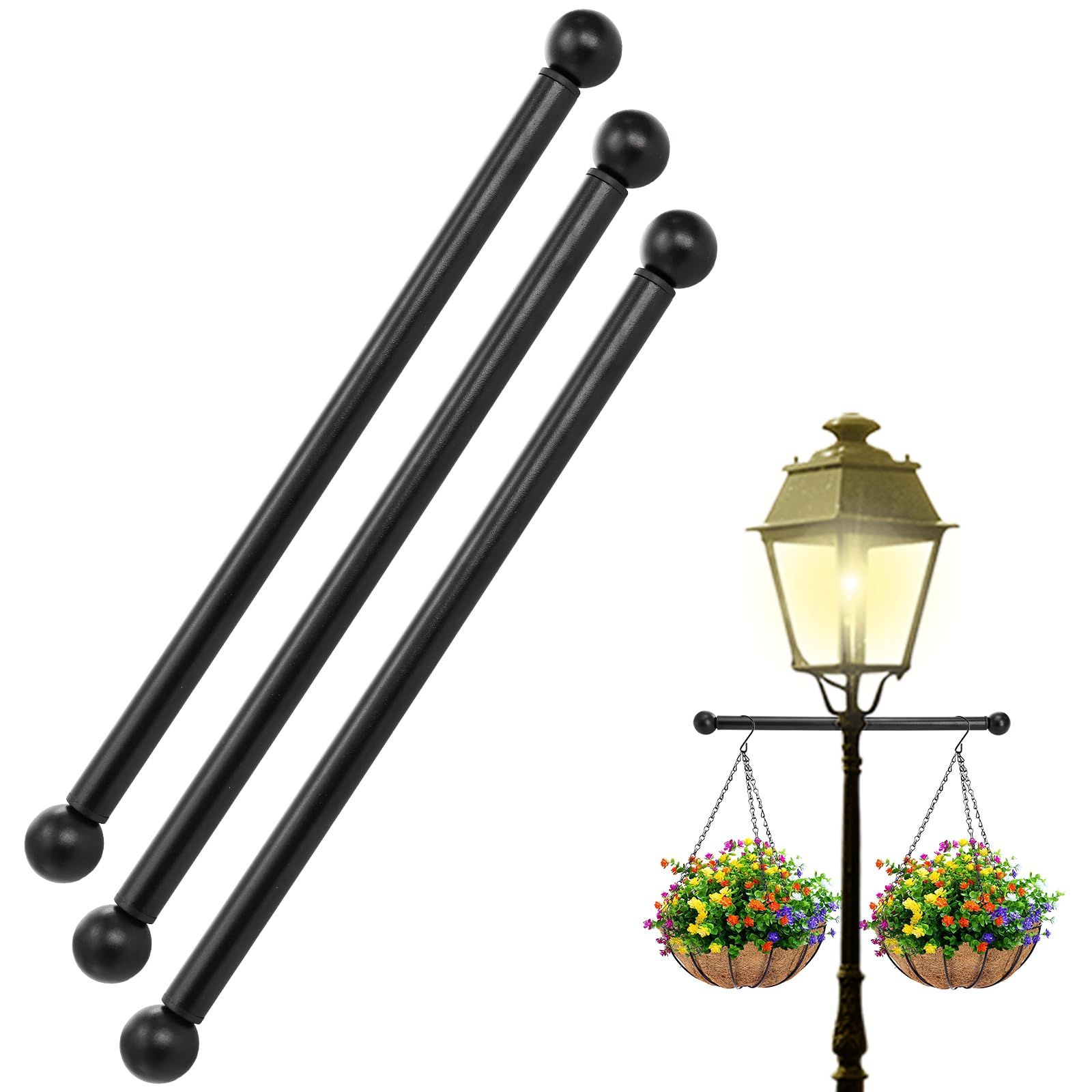 DEAYOU 3 Pack Lamp Post Cross Arm, 16" Cross Arm Ladder Rest with Removable Knobs, Metal Bar Handle Replacement for Outdoor Lamp Posts and Light Poles, Easy to Mount, Weather Resistant, Black