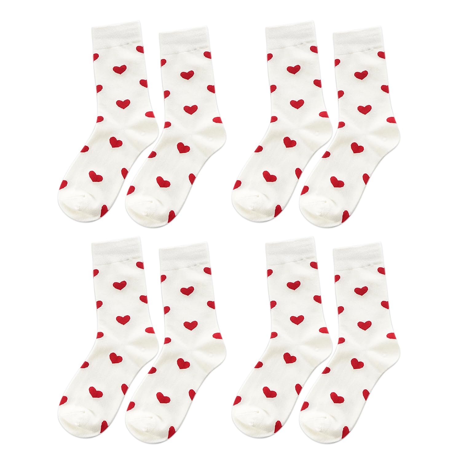 Cqqniu Unisex White 4 Pairs Of Love Printed Socks, Soft Mid-Calf Socks, Cute Socks, Women’s Socks, Elastic Cotton Socks