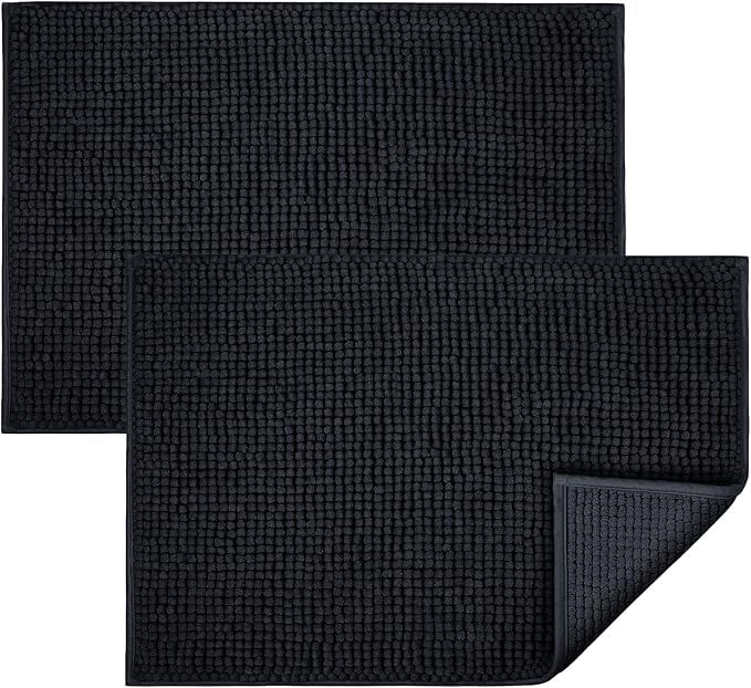 Moonlight Bedding Black Bath Mat Non Slip Anti Mould – 2 Pack Chenille Bathroom Mat 40x60cm Machine Washable Shower Mat — image 1