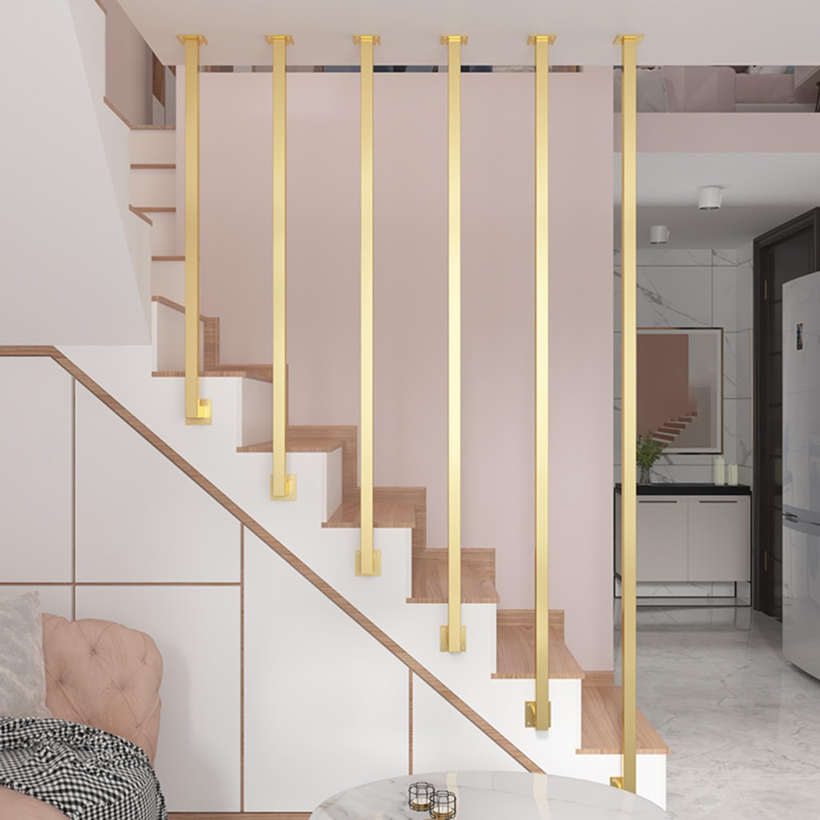 słupki balustrad schodowych, Słupki i pręty balustrad, poręcze kwadratowe do korytarzy(Gold(1 Pack),H 2.2m/7.2ft)