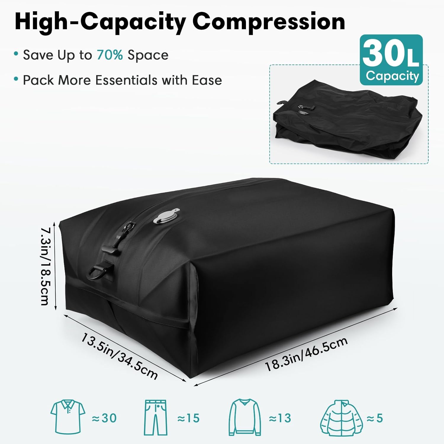 Travel Vacuum Bags with Wireless Pump, IP67 Waterproof Reusable Airless Compression Travel Bags, Nylon & Durable TPU, Clothing Space Saver Bags for Suitcase, Luggage, Backpack, Carry-On (2PCS + PUMP)