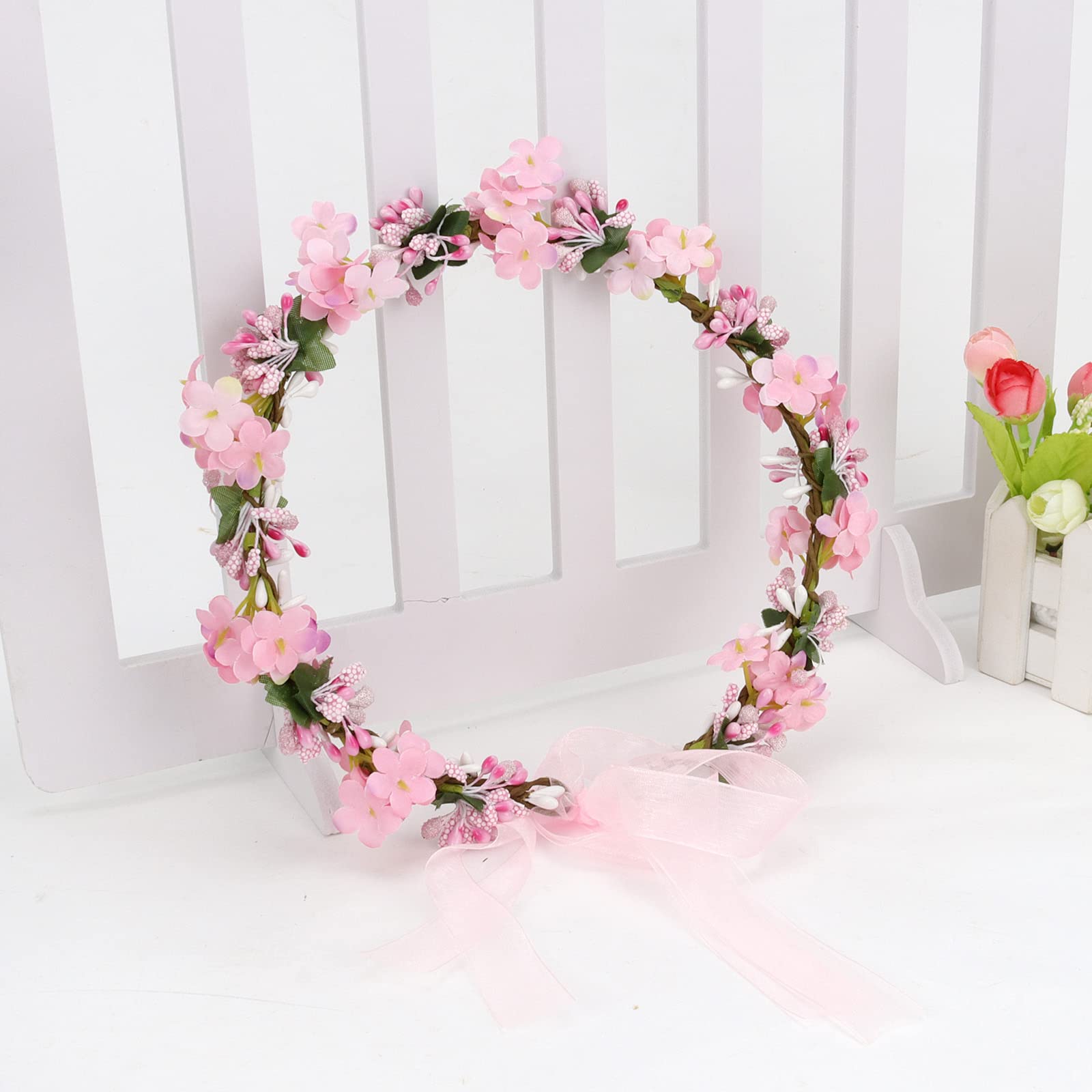 SuPoo Pink Flower Crown Adjustable Flower Headbands for Women Boho Floral Headpiece Halo Fairy Crown with Ribbon Flower Girl Hair Accessory Wedding Bridal Party Decoration Festival Maternity Photos