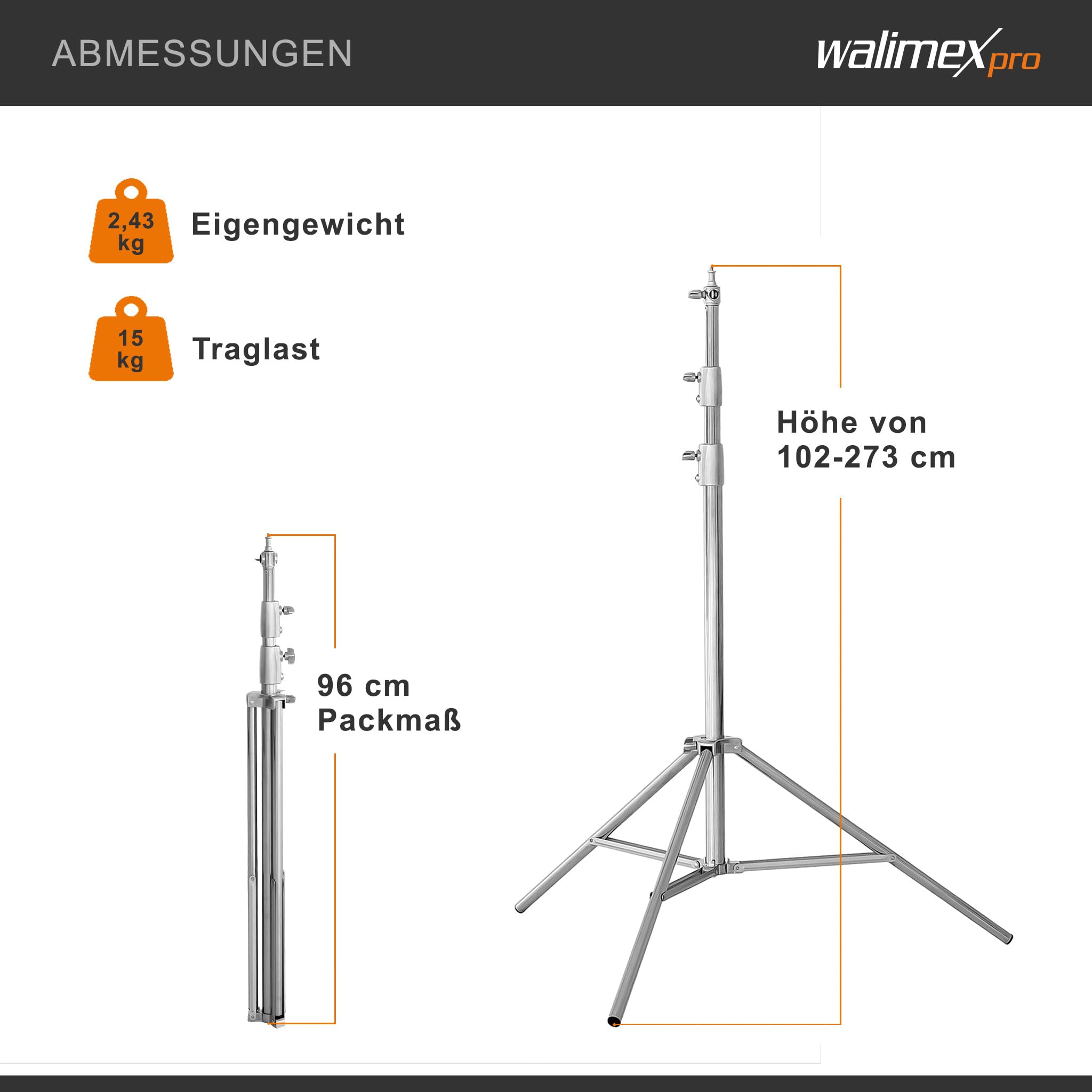 Walimex pro Heavy Duty - Treppiede per lampada in acciaio inox, portata fino a 15 kg, regolabile in altezza fino a 270 cm, ammortizzato con custodia e adattatore per spigot con filettatura da 1/4 e 3