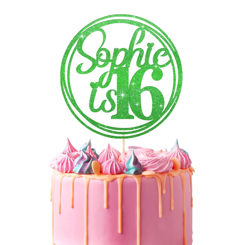 Personalised Birthday Cake Topper | Customized with Any Name Any Age 16 18 21 40 60 Party Cake Decoration | Double Sided Glitter Card | Green