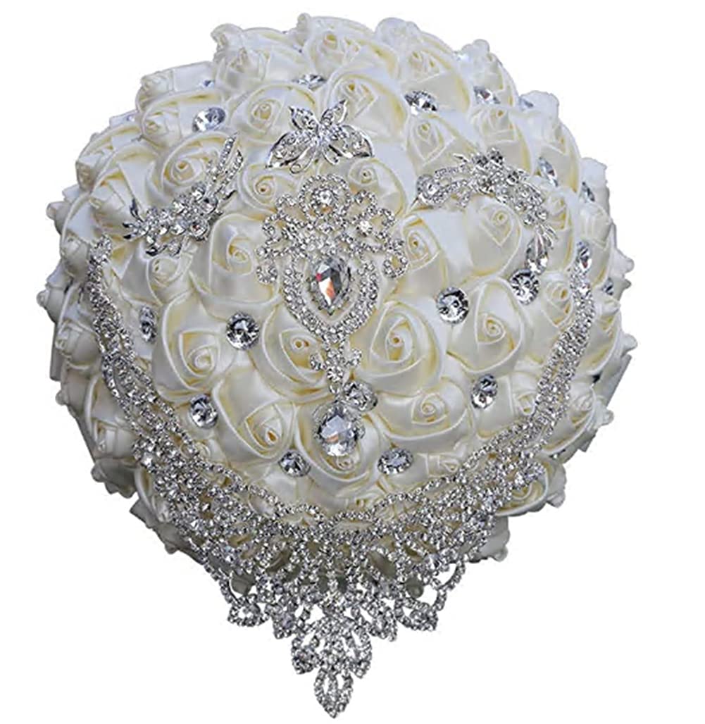 Qikegooods Ivory Handmade Luxury Wedding Bridal Bouquet Large Silk Rose Holding Toss Artificial Flowers Bouquets With Satin Ribbon Pearls Rhinestone For Bride Vintage Royal Wedding Bouquet