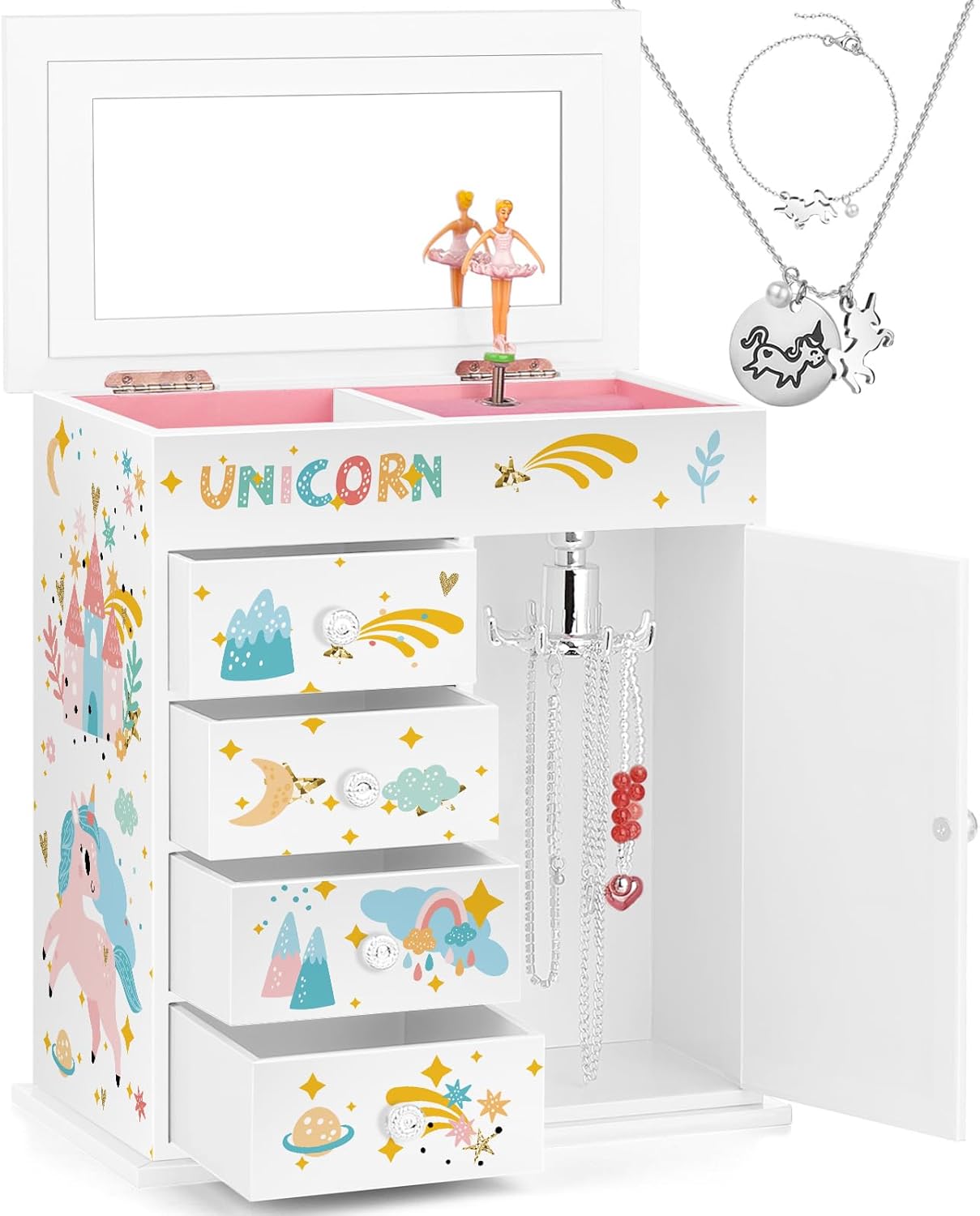 Jewelry Box for Girls 5-Layer with Swing Door Spinning Ballerina Unicorn &Castle Design Unicorn Jewelry Set Included Kids Music Box for Little Girls Birthday Christmas Gift (White)