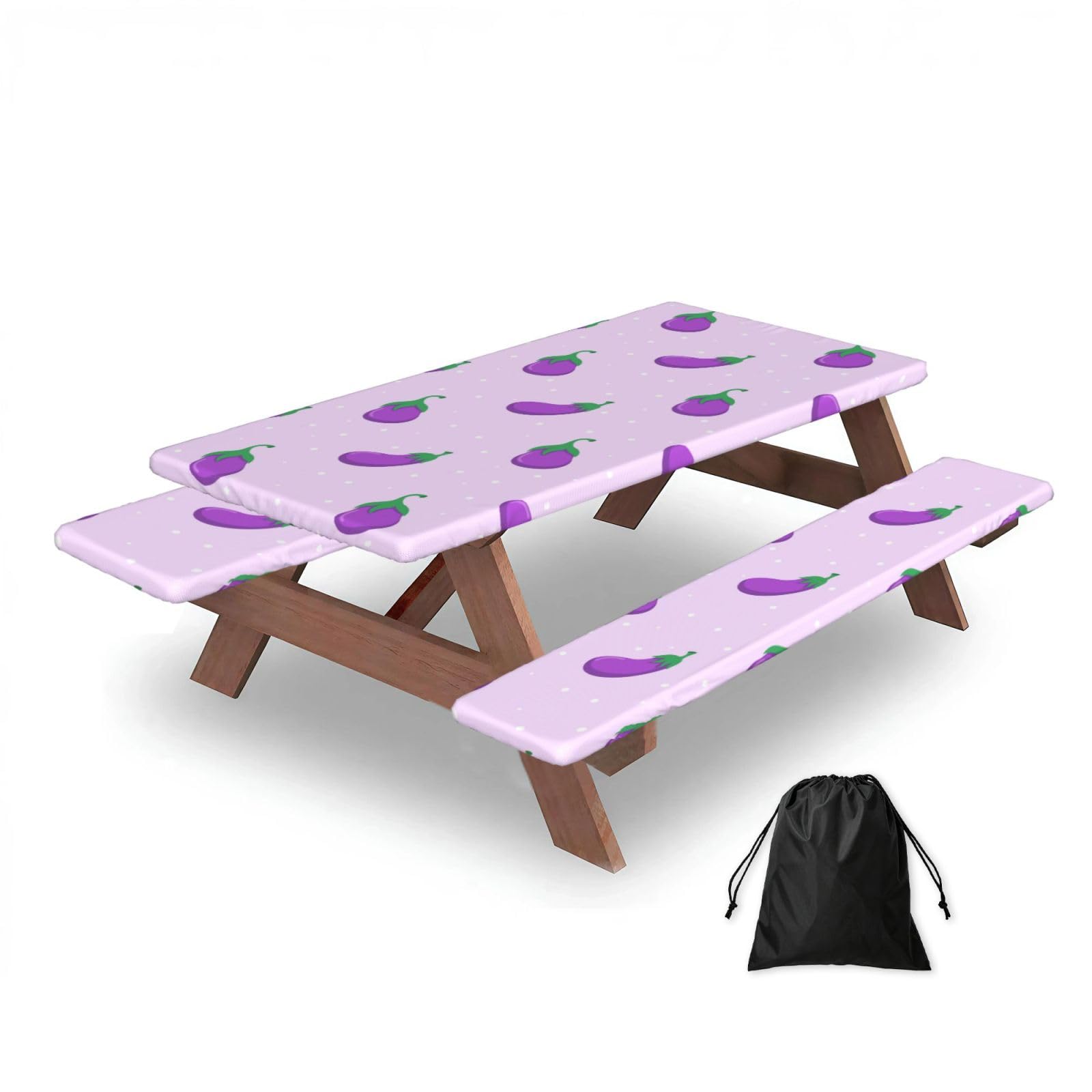 Eggplant Vegetable Fruit, Picnic Table Cover With Bench Covers -Waterproof Elastic Fitted Tablecloth for Garden Camping Patio 76x152cm