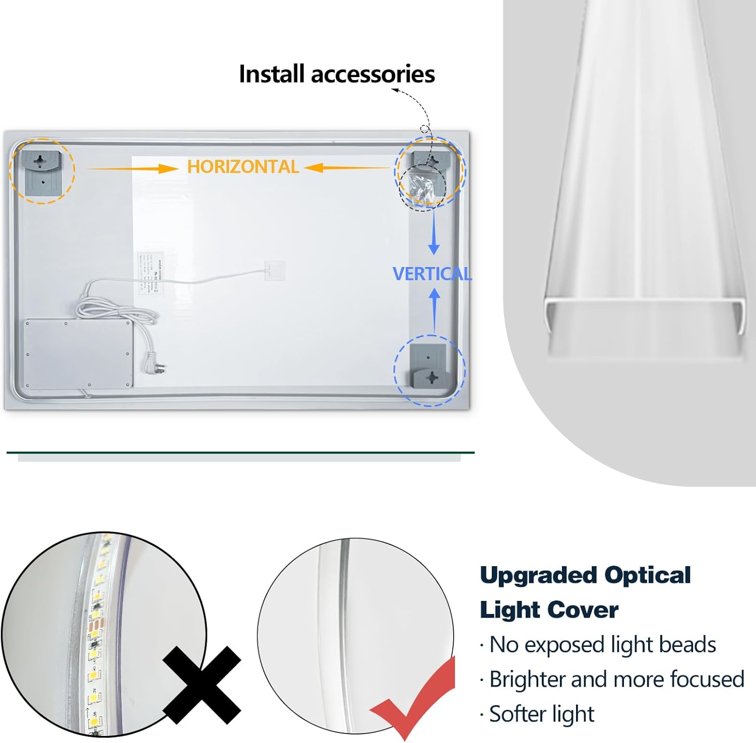 Niccy Led Mirror for Bathroom, 32"x20" Frameless Backlit Mirror for Wall Lighted Mirror with Bedroom 3 Color, Defogger, Explosion-Proof, HD Glass and IP65 Vanity Mirror Horizontal or Vertical