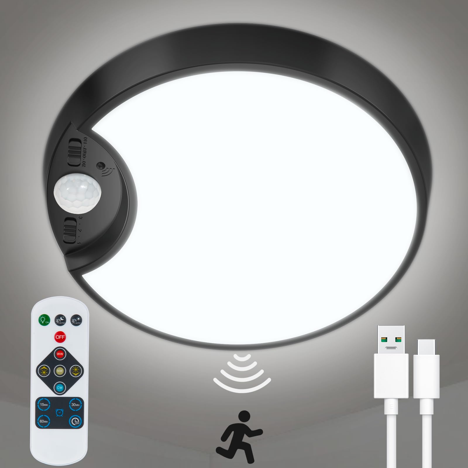 DEEPLITE Battery Operated Ceiling Light – Rechargeable Motion Sensor Shower Light With Remote, 600LM, 10000mAh, 3 Colors, Dimmable, Wireless For Closet, Stairs, Hallway, Garage – 2 Pack