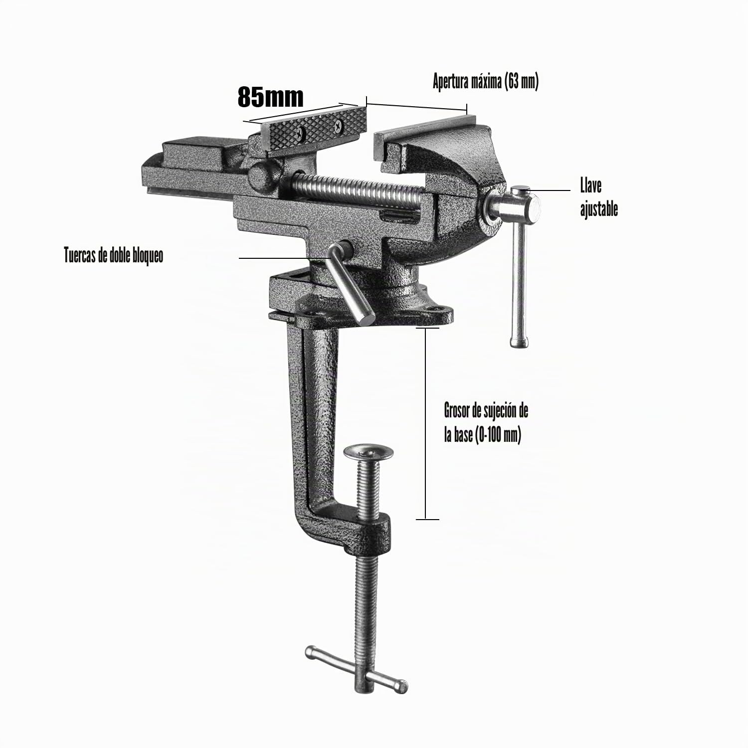 TEENO Ancho de mandíbula 85 mm de banco de trabajo, tornillo con base giratoria de 360 grados, material de acero fundido,potencia de sujeción 800 kg, es desmontable y de doble uso (85 mm) Plata