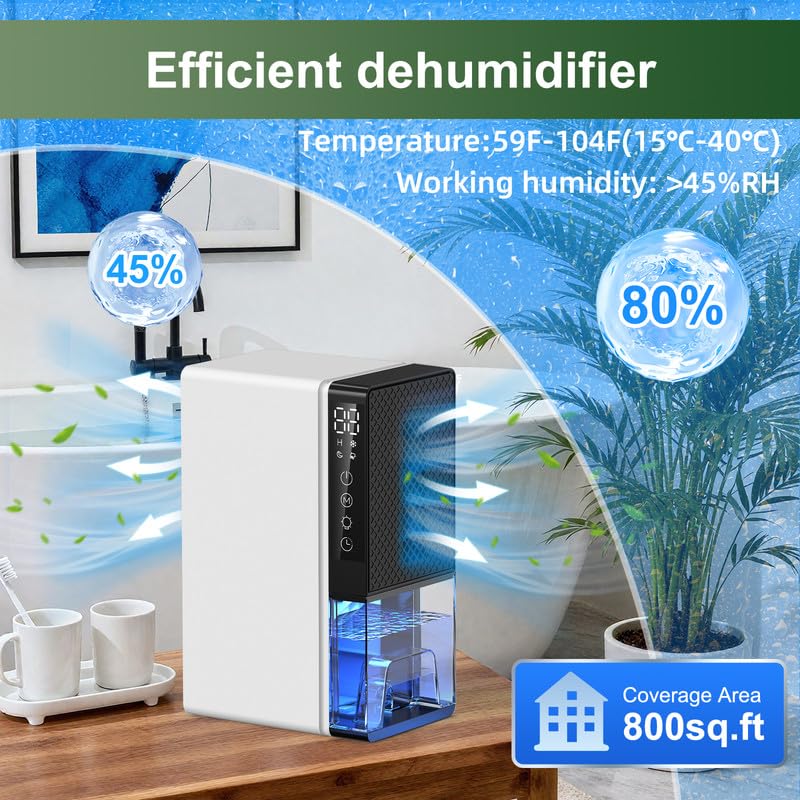 Deumidificatore d'Aria 2800 ml, Deumidificatore Elettrico con Timer 24 ore, Luci a 7 Colori, Spegnimento Automatico, Sbrinamento, Deumidificatori per Casa, Camera da Letto, Muffa（A850ML/24H）