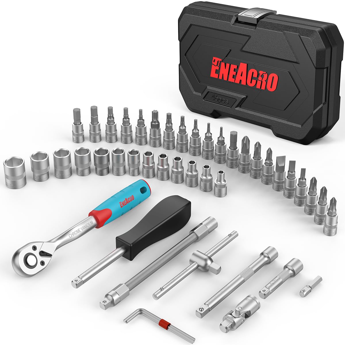 ENEACRO 46 Piece Ratchet Set with 1/4 Inch Sockets, Sockets, Extensions, Bits, Chrome-Vanadium Steel, Case Included – Complete Ratchet Set