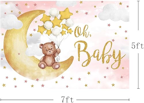Miniatura 10 de MEHOFOND Oh Baby Bear - Telón de fondo para baby shower, género, decoración de fiesta de cumpleaños, bandera de oso en la luna, globos de estrella