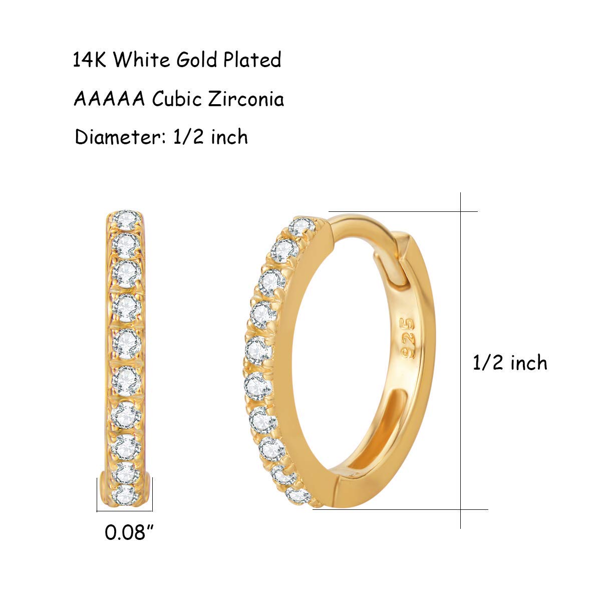 Aretes de aro de plata de ley 925 chapados en oro de 14 quilates, corte redondo, circonita cúbica, diamante simulado, pequeño, pequeño, delgado, con bisagras, joyería fina, regalos de 3