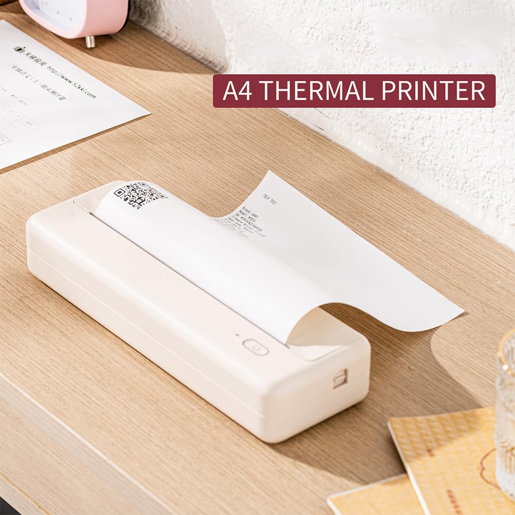 Stampante termica A4, mini stampante Bluetooth portatile per viaggi e casa, stampa wireless senza inchiostro, design compatto per ufficio e scuola
