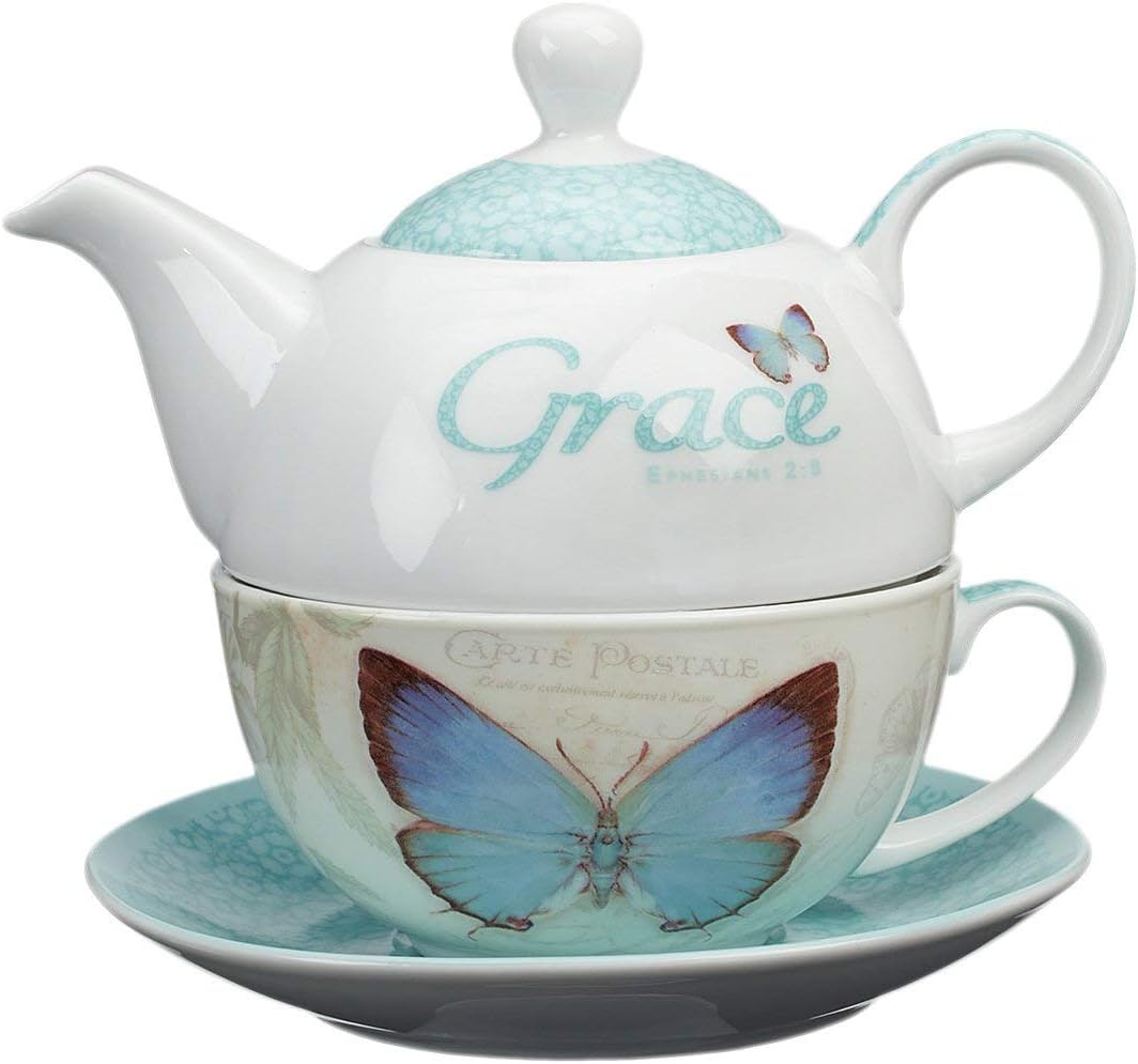  Tea For one Set, Teapot, Tea Cup and Saucer Turquoise Butterfly and Flower 
