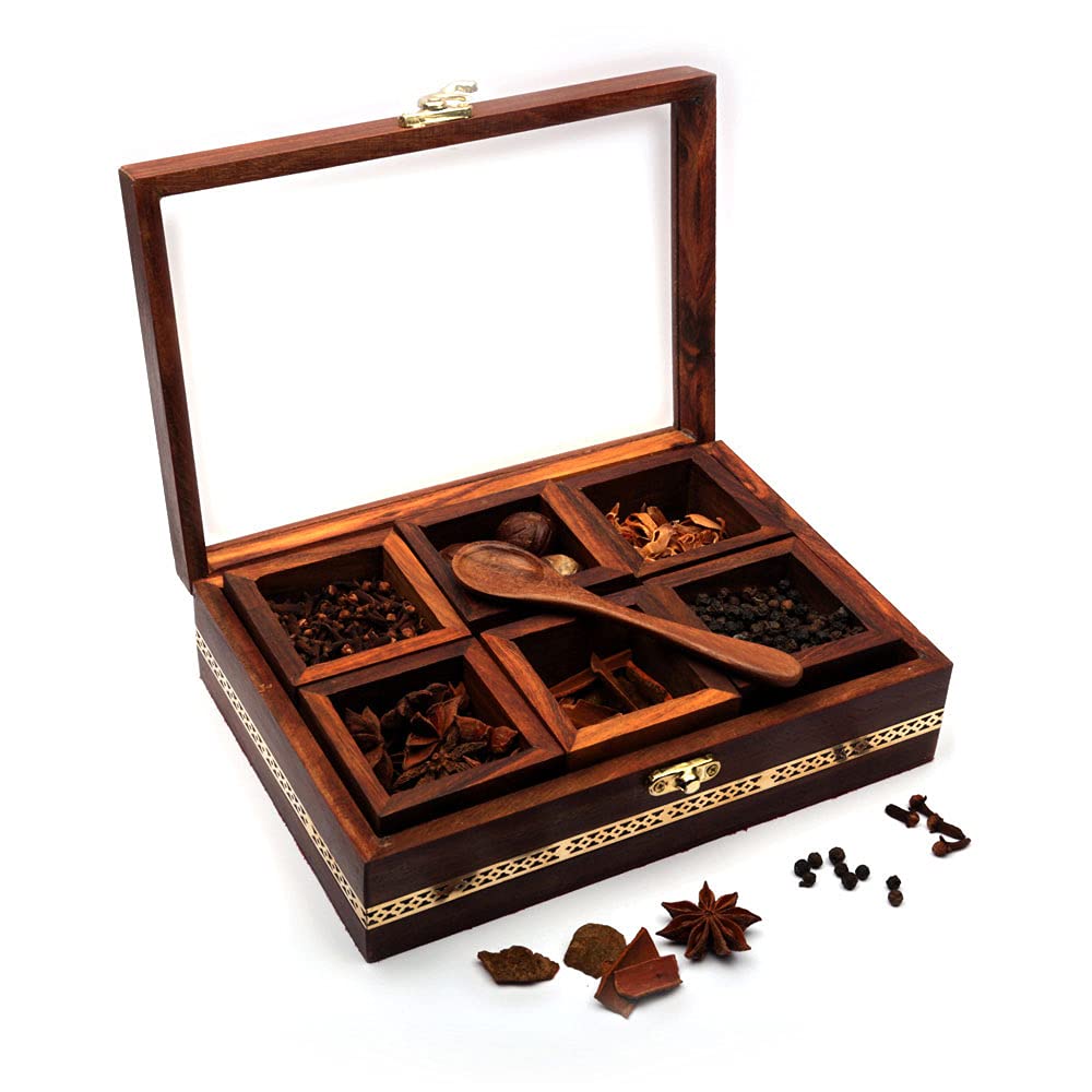 Buy Spice Box with 6 Containers & Spoon in Sheesham Wood, Docorated