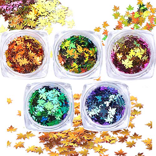 Fall Nail Art Stickers Fall Leaves Nail Art Decals Holographic 3D Laser Mixed Color Nail Art Supplies Maple Leaf Autumn Trends Fall Glitter Nail Sequins DIY Manicure Applique Nail Decoration 5Boxes