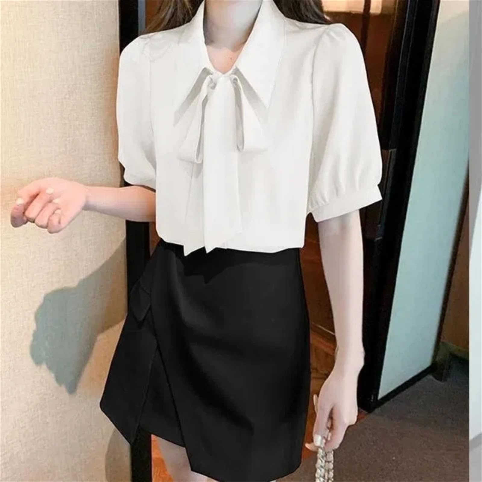 Elegante camisa de manga corta con lazo blanco, blusa suelta, de color liso, para mujer
