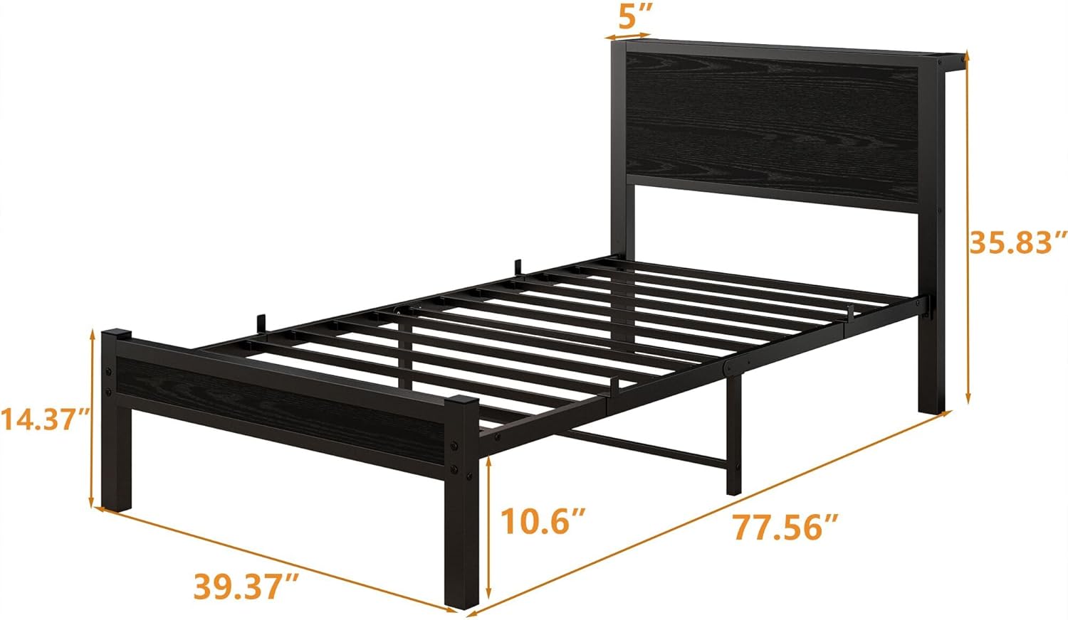 Twin Bed Frame with Wooden Headboard, Single Bed Frame Twin Size, Metal Platform Bed Frame, Heavy Duty/Mattress Foundation/No Box Spring Needed/Black - Image 2