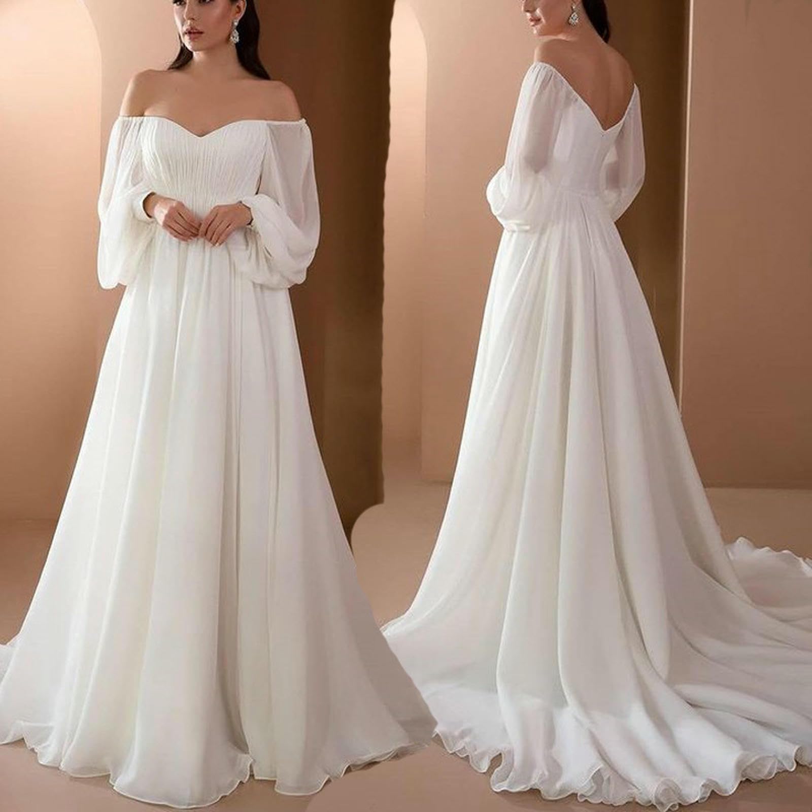 Brautjungfernkleid Elegante Weiße Hochzeitsfeier Langarm Kleid Brautjungfern Maxikleid-weiß-XL