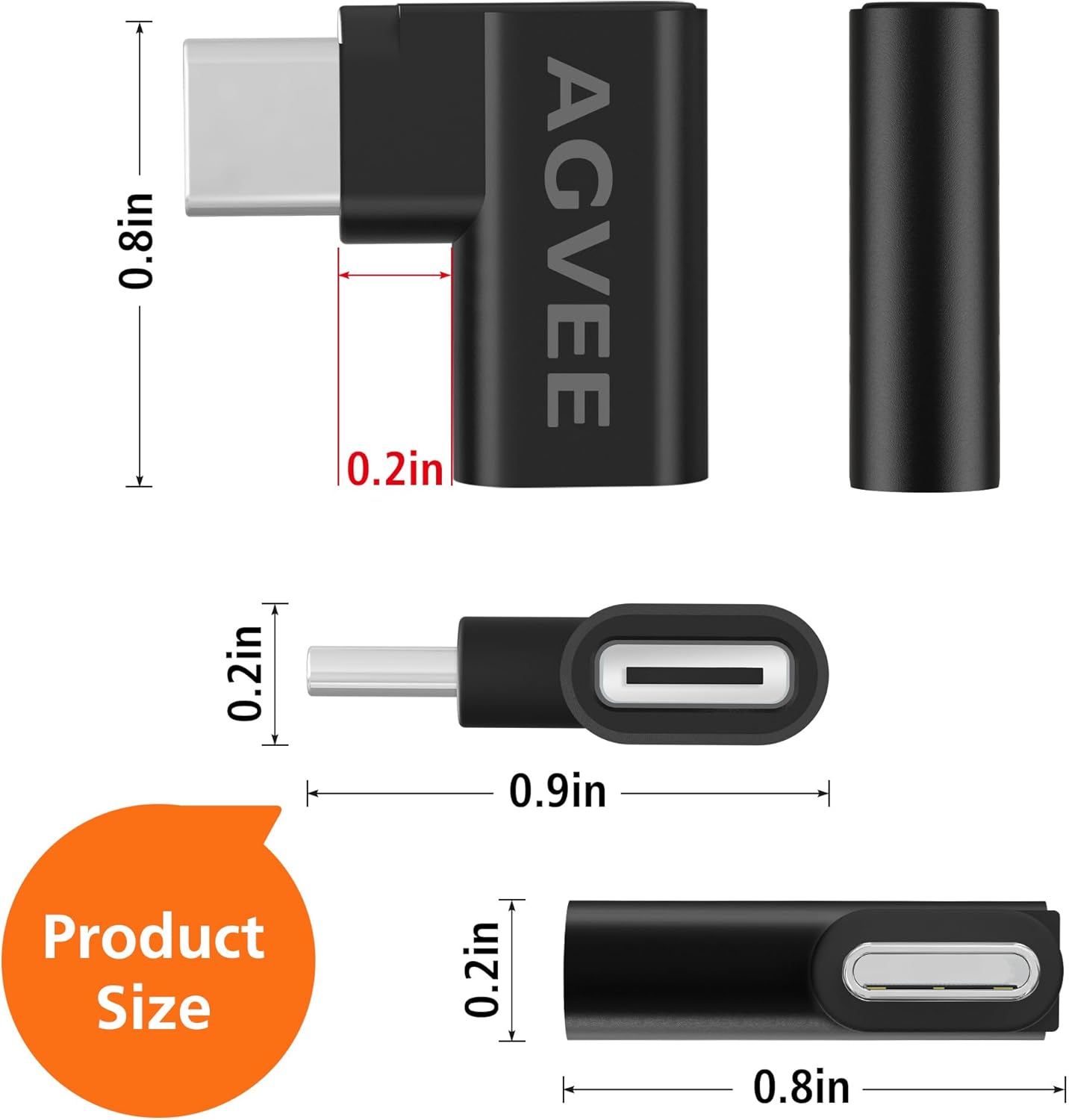 AGVEE 4 Pack Side Angle 90 Degree USB-C Male to USB-C Right Angled Female Adapter (Type-C 3.2 Gen 2) Converter Video Type-C 10G Data Extension Coupler Converter Connector, Black