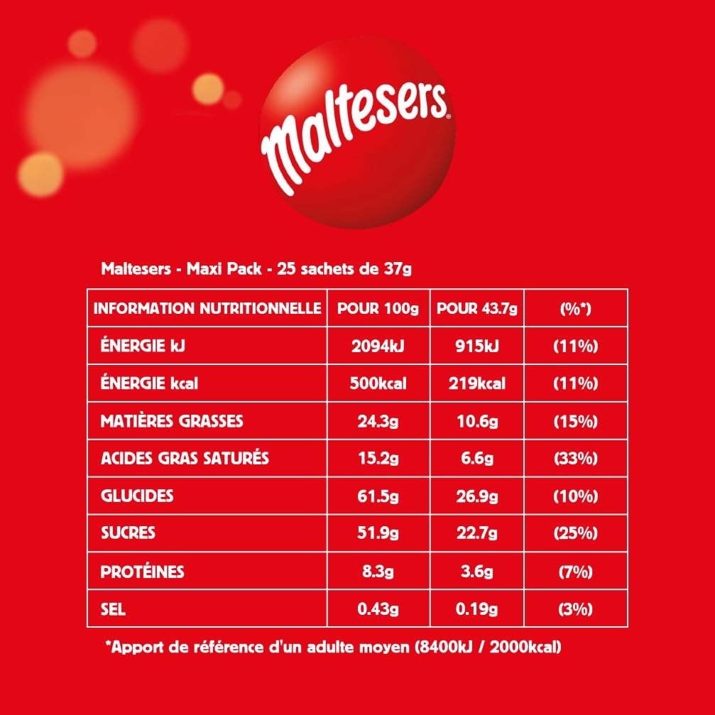 MALTESERS - Bonbons Chocolat au Lait Cœur Croquant - 25 x 37g Sachets de Chocolats
