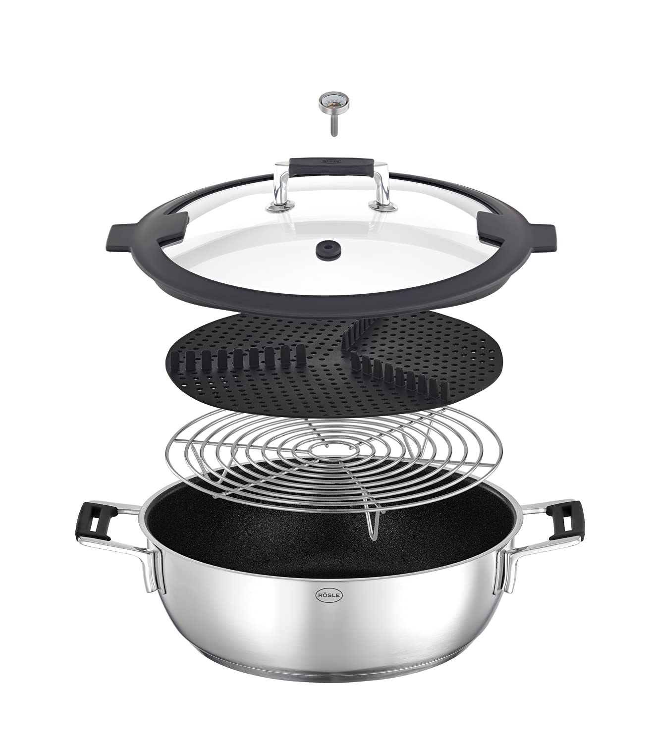 RÖSLE SILENCE PRO Pentola per cottura al vapore, tenere al caldo e riscaldare, incluso termometro sul coperchio e griglia, acciaio inossidabile, lavabile in lavastoviglie, 4,5 litri, argento