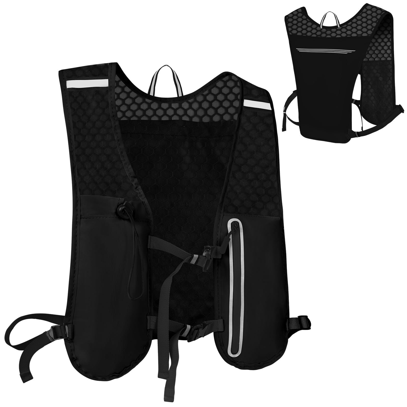 Alaoo Hardloopvest, lichtgewicht hydratatierugzak, ademende reflecterende hardlooprugzakken voor dames en heren, buitensporten, marathon, trailrace, fietsen, wandelen (zwart