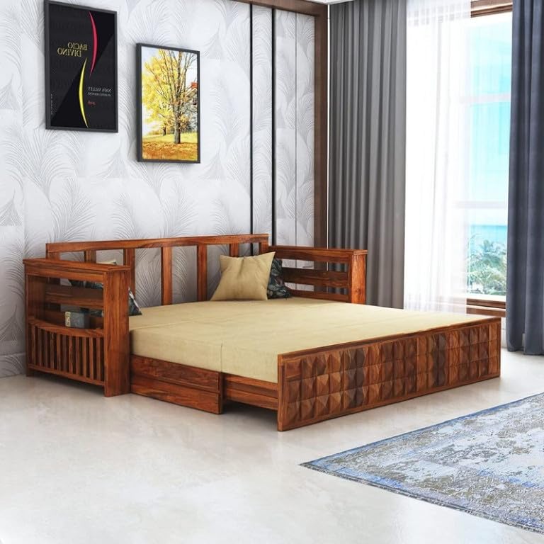 Image of Solid Sheesham Wood Sofa Cum Bed 2 Seater | Wooden Foldable Double Bed for Living Room with Headboard & Storage | Bed Cum Sofa with Mattress for Home | Diamond Design (Honey Finish)