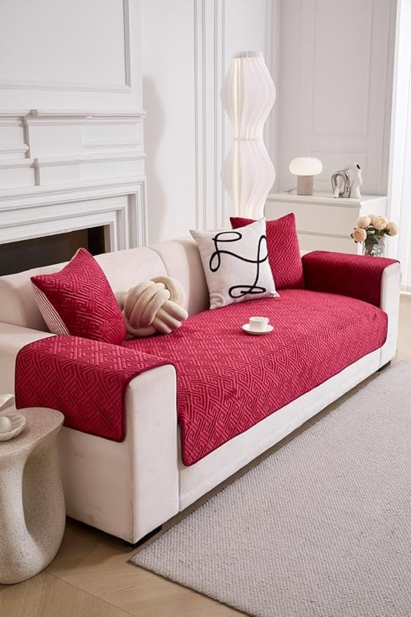 Image of HOMETHREADS Innovative Premium Velvet Sofa Cover Mat with PVC Backing for Non-Slip Comfort | (Maroon Vrsh, 5 Seater | 70x230cm)