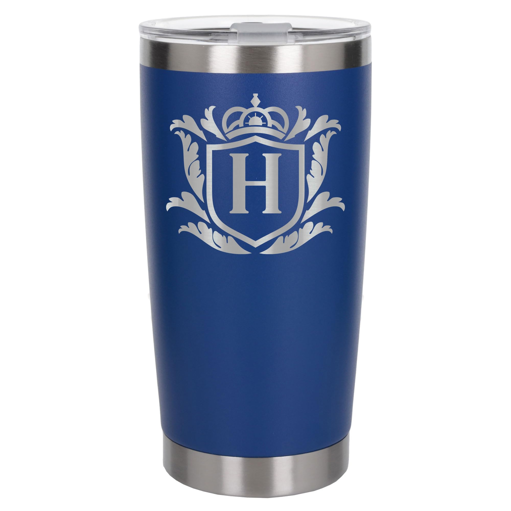 Customised Gifts 500ml Engraved Shield Initial Monogram Insulated Personalised Dark Blue Travel Mug for Men and Women - Personalised Initial Coffee Travel Mug for Hot and Cold Beverages, Letter H