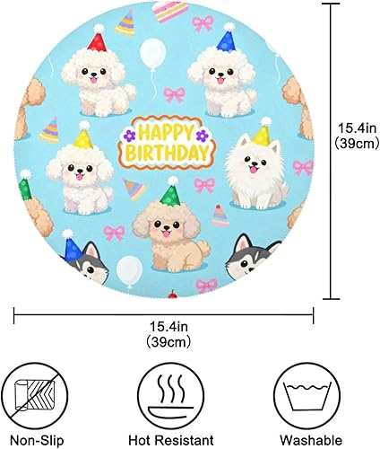 Miniatura 3 de Happy Birthday Cute Dog Round Natural placemats Linen Waterproof Place mat individuales para mesa de comedor redondos 15.4x15.4in Set of 6