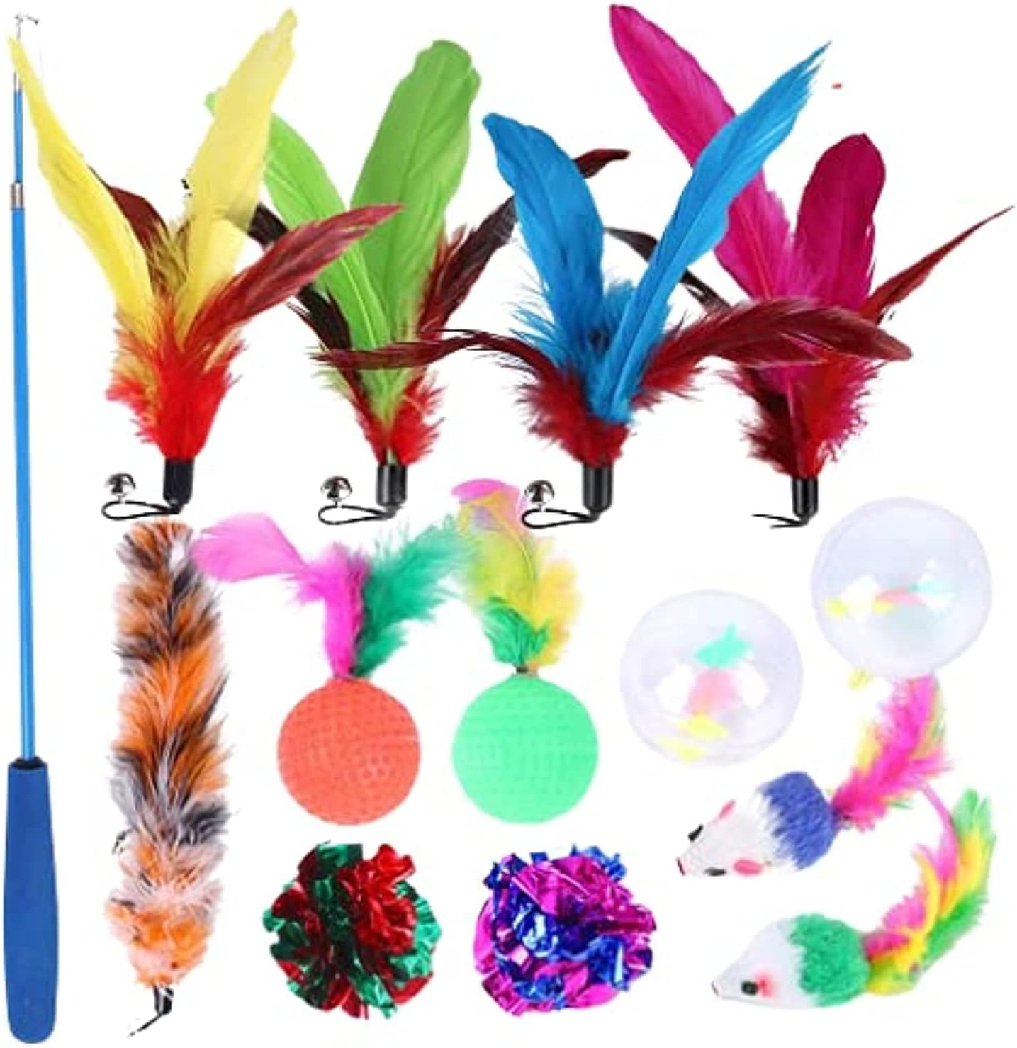 Cat Feather Toys,14pcs Interactive Cat Toys, Cat Teaser Wand with 5 Feathers, 2 Crinkle Balls, Feathers Balls, 2 mouse, 2 Clear Balls