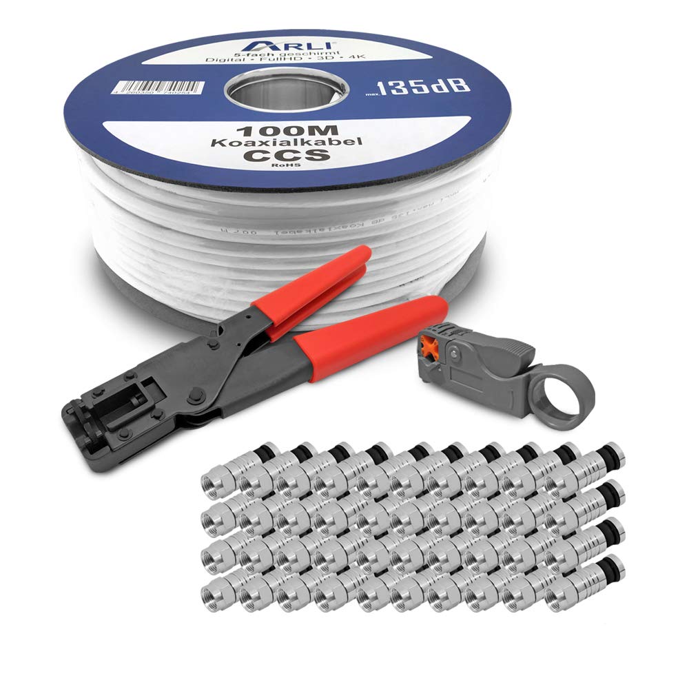 ARLI HD Sat Kabel 100 m Koaxialkabel 135 dB Koaxial 5-fach geschirmt inkl. Kompressionszange Kabelmesser 100 x F Kompressionsstecker Satkabel TV Antennenkabel Koax 4K