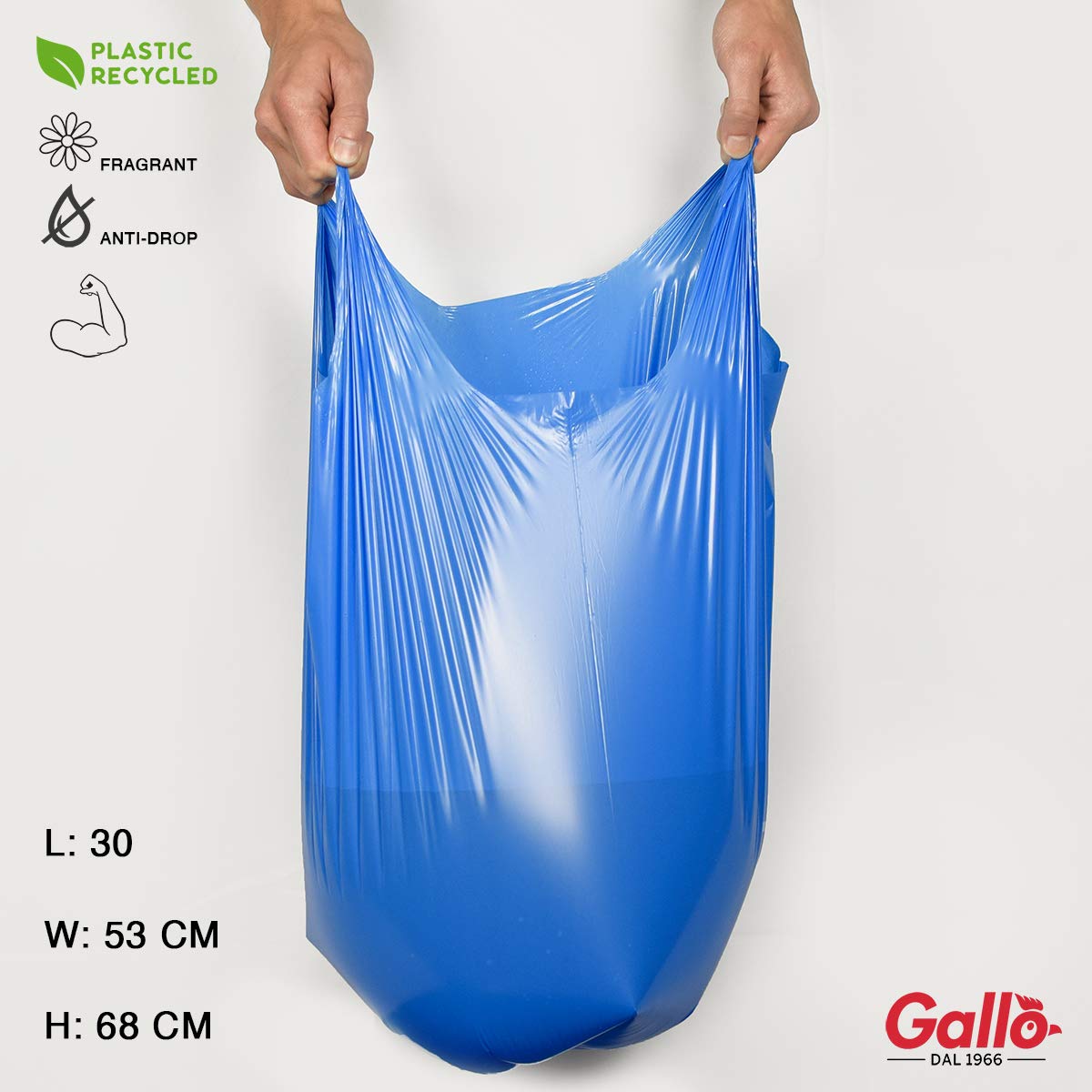 Gallo, 15 SacchettI Spazzatura in Plastica Riciclata, 100% Riciclato, 53x68cm, 30Litri, Blu
