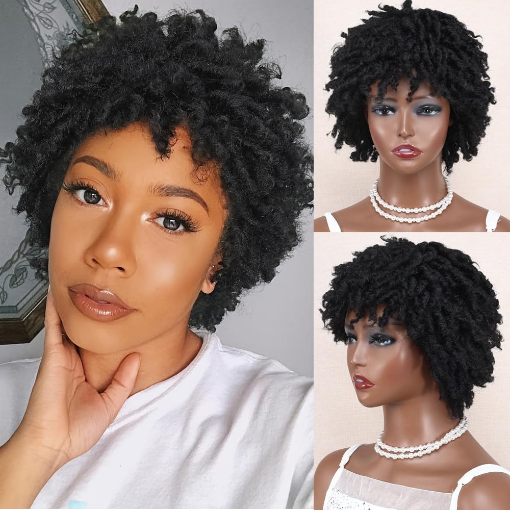 Dreadlock Wig Short Afro Braided Wigs for Black Women, Twist Braided Hair Wig Faux Locs Braid Glueless Wigs for African American