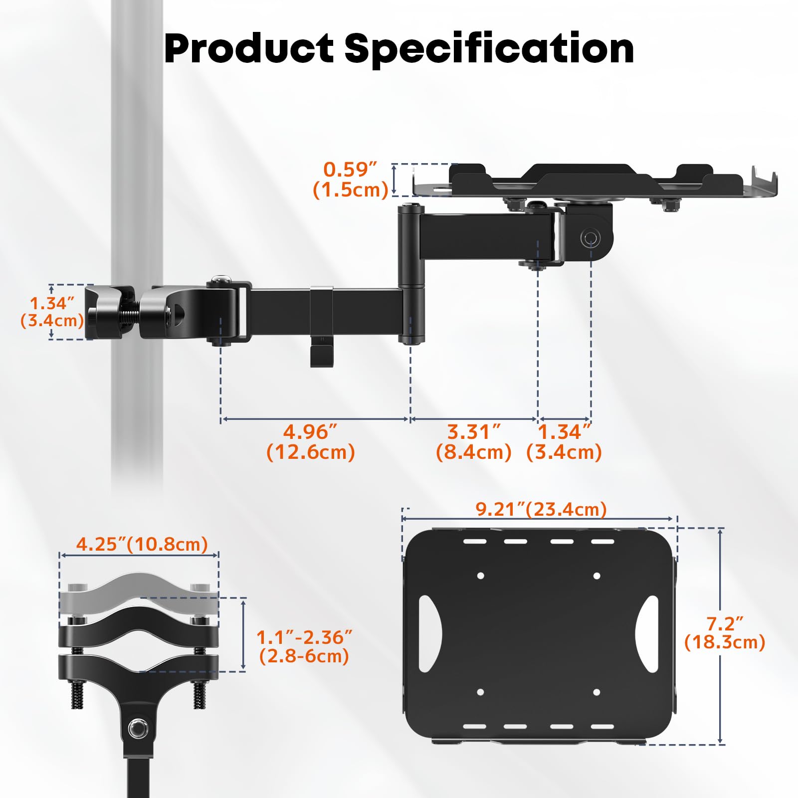 PUTORSEN Beamer Halterung & Thermodrucker Halterung, höhenverstellbare Stangenmontage mit Ablage (18x23 cm) und Schwenkarm (bis 5 kg), für Rohre Ø 2,8-6 cm, Quick-Clamp ohne Bohren
