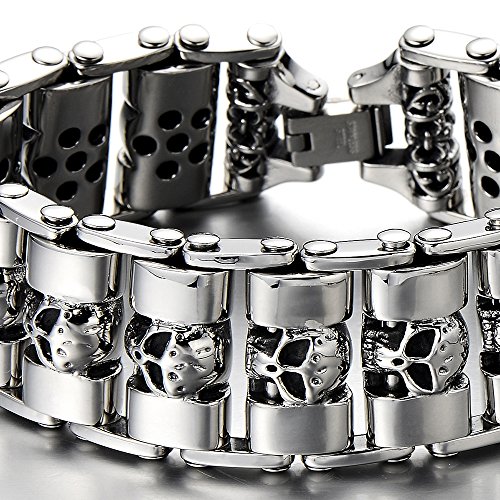 COOLSTEELANDBEYOND Heavy and Study Mens Stainless Steel Biker Skull Bracelet Silver Black Two-Tone Polished3