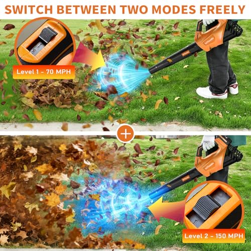 Image of Leaf Blower, Leaf Blower Cordless with 2 * 2.6AH Batteries and Fast Charger, 450CFM &150MPH and 2 Speed Mode, Lightweight Electric Leaf Blowers for Lawn, Yard, Leaves, Dust Care (Orange)