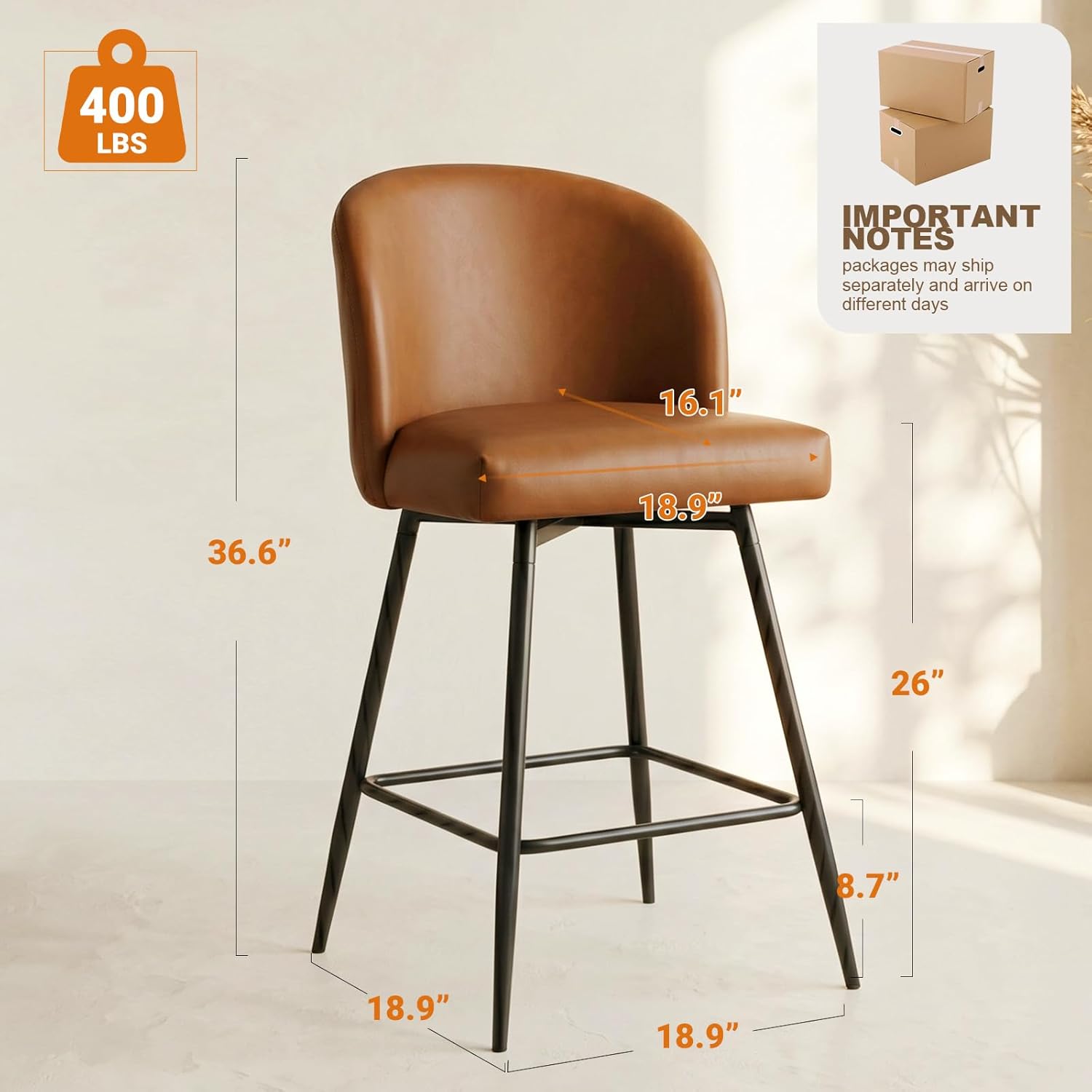 Counter Height Bar Stools Set of 2, 360° Swivel Upholstered Barstools with Backs and Metal Legs, 26" H Seat Height, Faux Leather in Walnut Brown