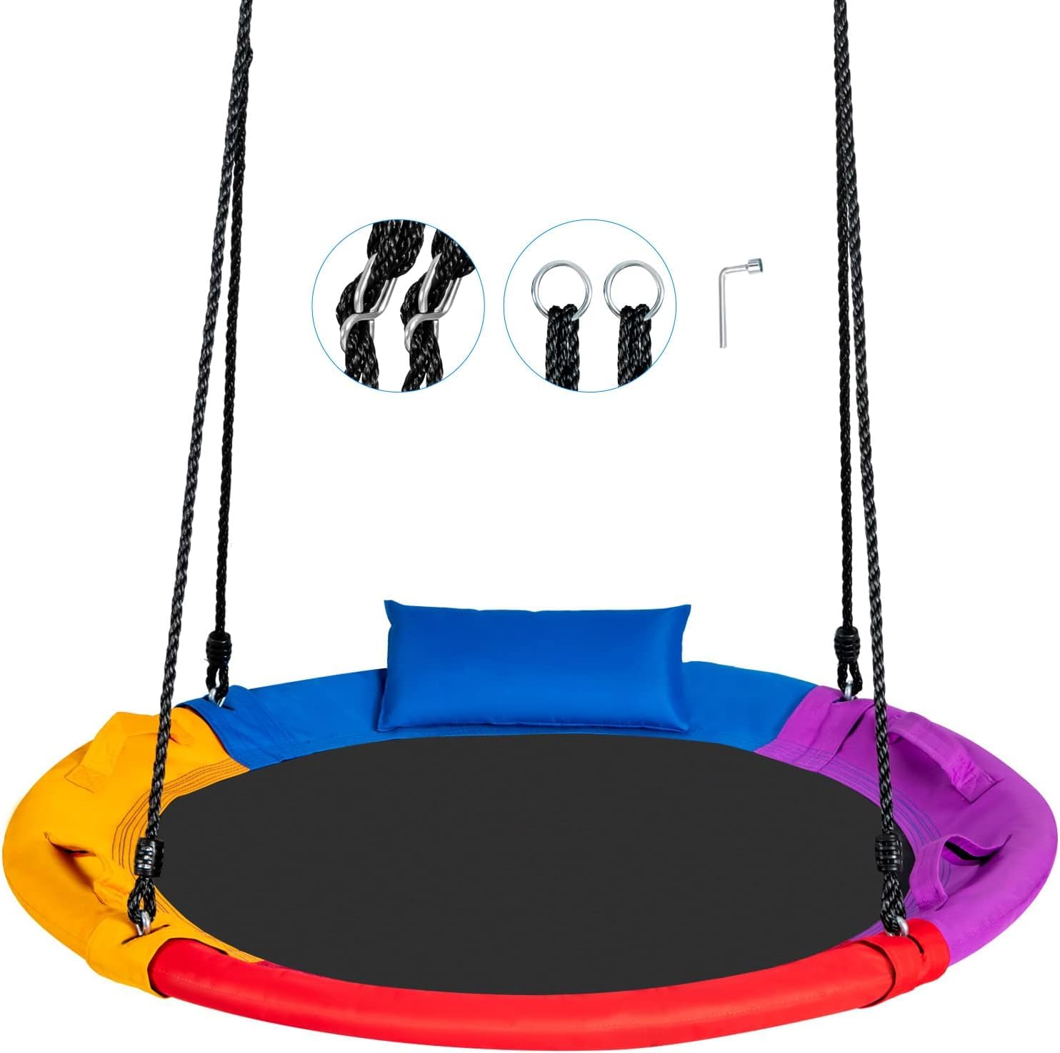 GOPLUS Columpio Jardín Exterior, Máxima Carga 150 KG, Tela Oxford y PP Seguro y Duradero al Aire Libre, Columpio Redondo Grande Diámetro 100cm, Cuerdas Ajustables, con Almohada, para Niños y Adultos