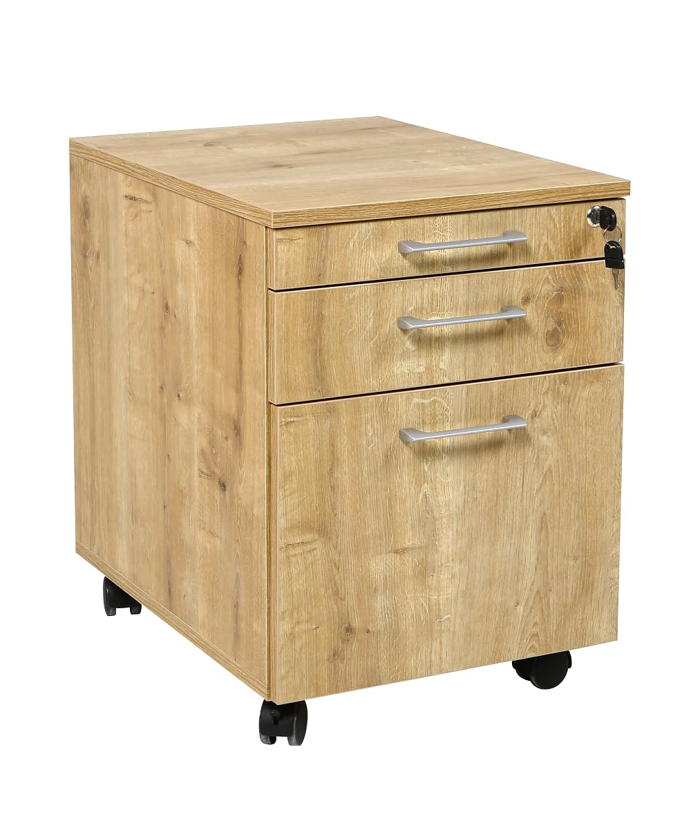 furni24 Rollcontainer, abschließbarer Aktenschrank mit Schubladen, Büroschrank mit Rollen, für Akten und Dokumente, fürs Büro, Schreibtischcontainer Holz, 3 Schübe Eiche, 43x59x57h